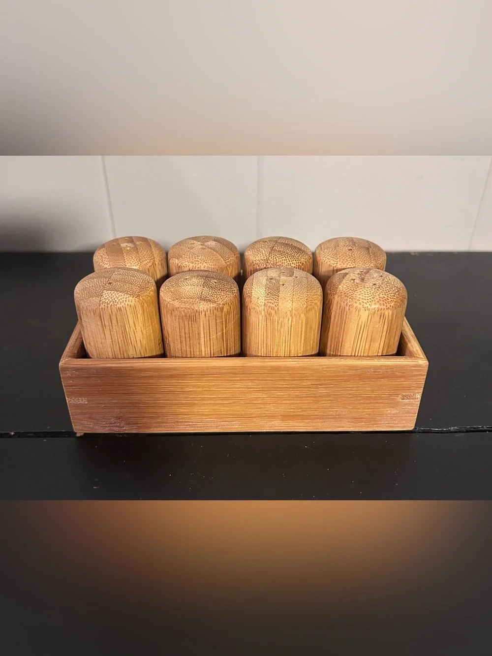 8 Pc Bamboo Salt Pepper Shaker Set w/ Storage Tray Refillable Kitchen Table